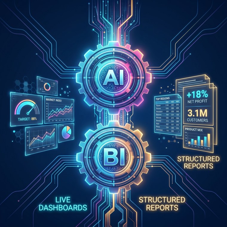 AI and business intelligence gears driving live dashboards and structured reports